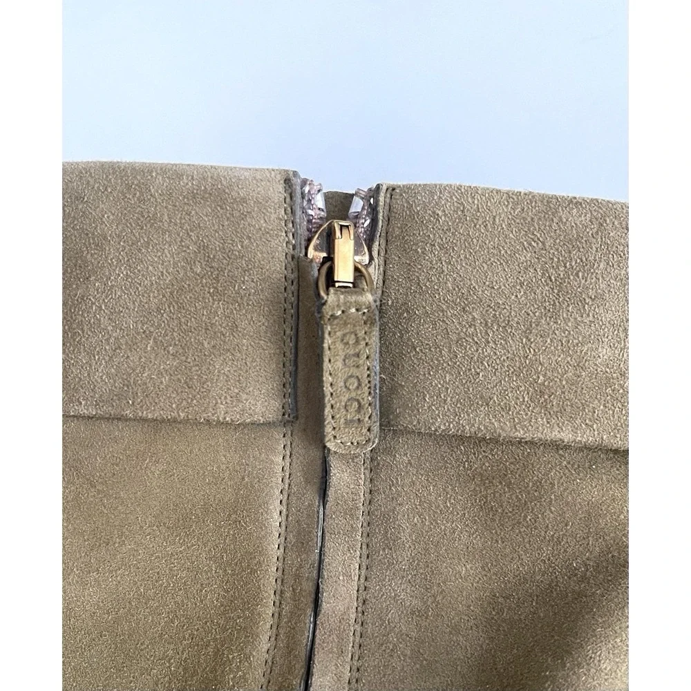Gucci Kesha Suede Olive Green Ankle Boots Gold Buckle Block Heel Sz 38.5